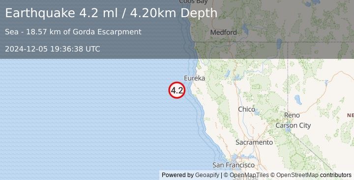 Earthquake OFFSHORE NORTHERN CALIFORNIA (4.2 ml) (2024-12-05 19:36:38 UTC)