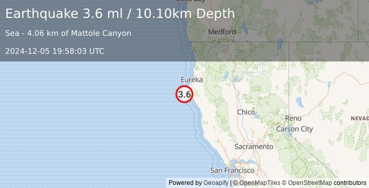 Earthquake OFFSHORE NORTHERN CALIFORNIA (3.6 ml) (2024-12-05 19:58:03 UTC)