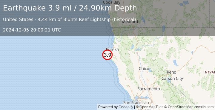 Earthquake OFFSHORE NORTHERN CALIFORNIA (3.9 ml) (2024-12-05 20:00:21 UTC)