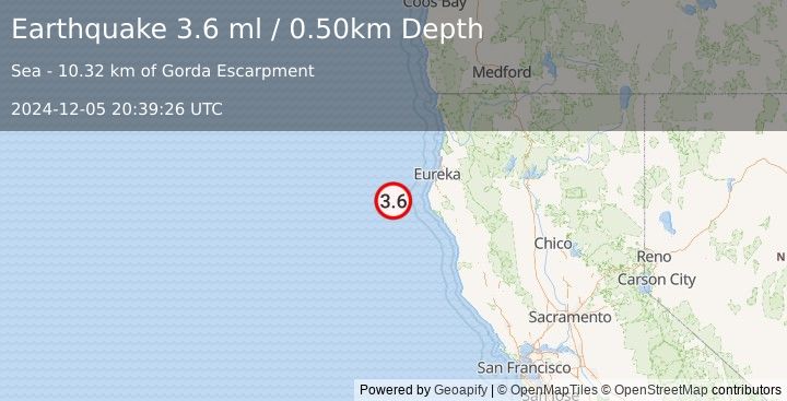 Earthquake OFFSHORE NORTHERN CALIFORNIA (3.6 ml) (2024-12-05 20:39:26 UTC)