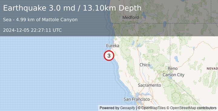 Earthquake OFFSHORE NORTHERN CALIFORNIA (3.0 md) (2024-12-05 22:27:11 UTC)