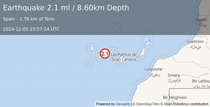 Earthquake CANARY ISLANDS, SPAIN REGION (2.1 ml) (2024-12-05 23:57:24 UTC)