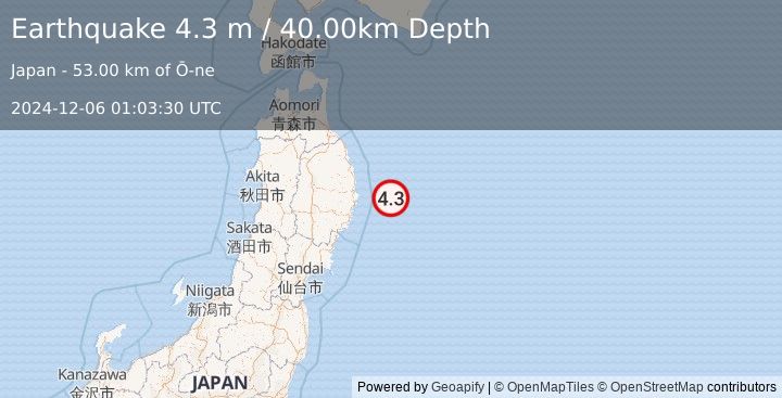 Earthquake NEAR EAST COAST OF HONSHU, JAPAN (4.3 m) (2024-12-06 01:03:30 UTC)