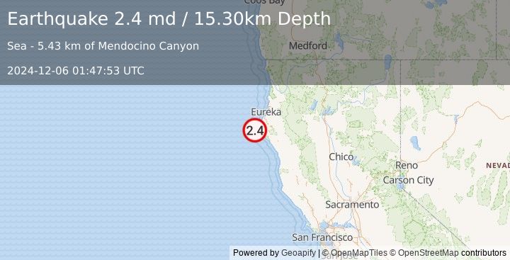 Earthquake OFFSHORE NORTHERN CALIFORNIA (2.4 md) (2024-12-06 01:47:53 UTC)