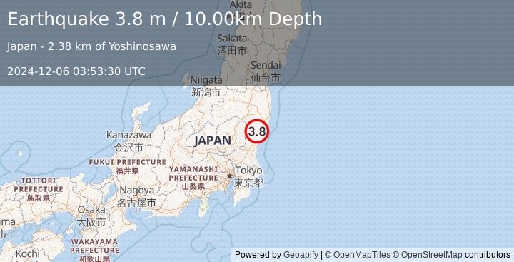 Earthquake NEAR EAST COAST OF HONSHU, JAPAN (3.8 m) (2024-12-06 03:53:30 UTC)