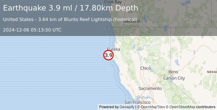 Earthquake OFFSHORE NORTHERN CALIFORNIA (3.9 ml) (2024-12-06 05:13:50 UTC)