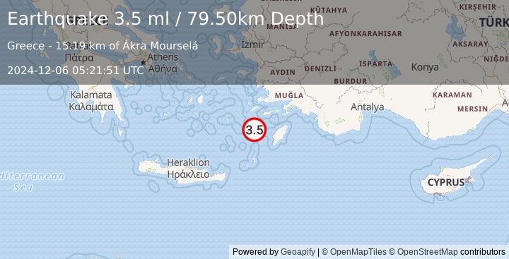 Earthquake DODECANESE IS.-TURKEY BORDER REG (3.5 ml) (2024-12-06 05:21:51 UTC)