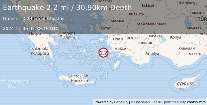 Earthquake DODECANESE ISLANDS, GREECE (2.9 ml) (2024-12-06 07:39:19 UTC)