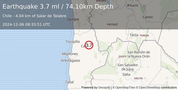 Earthquake ANTOFAGASTA, CHILE (3.7 ml) (2024-12-06 08:33:51 UTC)