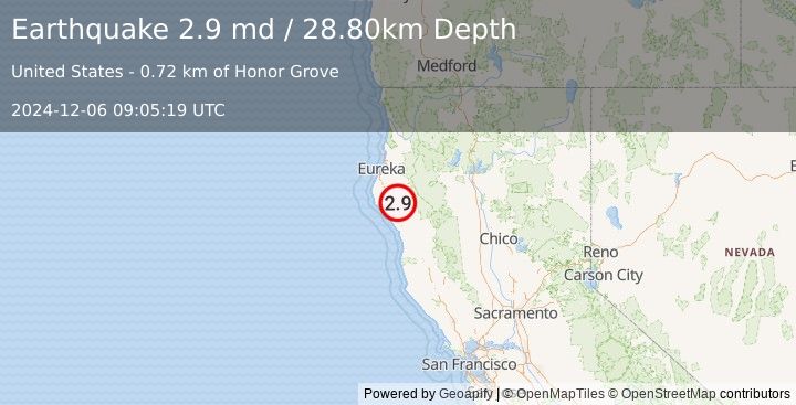 Earthquake NORTHERN CALIFORNIA (2.9 md) (2024-12-06 09:05:19 UTC)