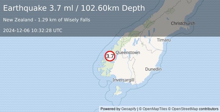 Earthquake SOUTH ISLAND OF NEW ZEALAND (3.7 ml) (2024-12-06 10:32:28 UTC)