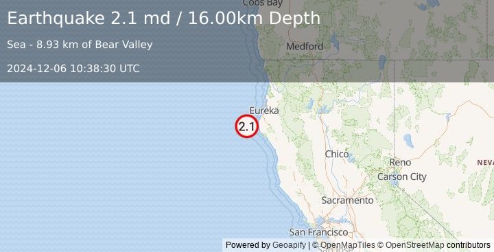 Earthquake OFFSHORE NORTHERN CALIFORNIA (2.1 md) (2024-12-06 10:38:30 UTC)