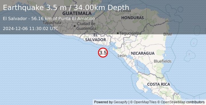 Earthquake OFFSHORE EL SALVADOR (3.5 m) (2024-12-06 11:30:02 UTC)