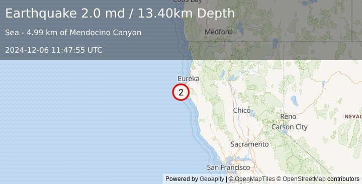 Earthquake OFFSHORE NORTHERN CALIFORNIA (2.0 md) (2024-12-06 11:47:55 UTC)