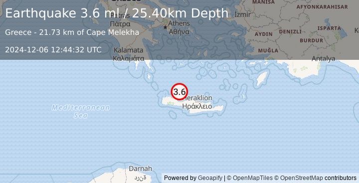 Earthquake CRETE, GREECE (3.6 ml) (2024-12-06 12:44:32 UTC)