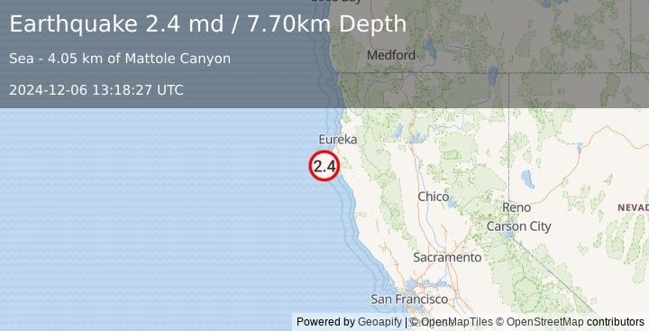 Earthquake OFFSHORE NORTHERN CALIFORNIA (2.4 md) (2024-12-06 13:18:27 UTC)