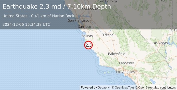 Earthquake OFFSHORE CENTRAL CALIFORNIA (2.3 md) (2024-12-06 15:34:38 UTC)