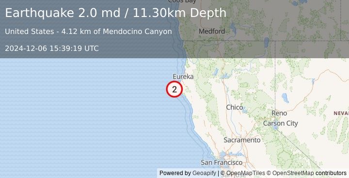 Earthquake OFFSHORE NORTHERN CALIFORNIA (2.0 md) (2024-12-06 15:39:19 UTC)