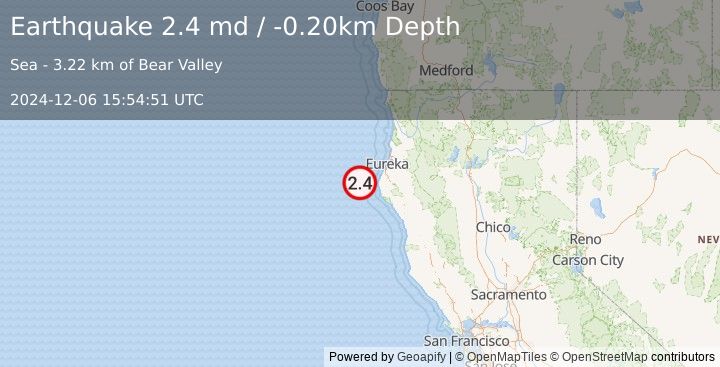 Earthquake OFFSHORE NORTHERN CALIFORNIA (2.4 md) (2024-12-06 15:54:51 UTC)