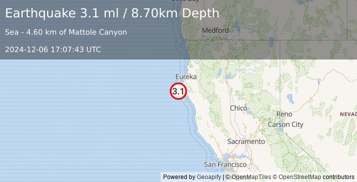 Earthquake OFFSHORE NORTHERN CALIFORNIA (3.1 ml) (2024-12-06 17:07:43 UTC)