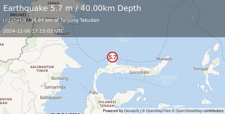 Earthquake MINAHASA, SULAWESI, INDONESIA (5.7 m) (2024-12-06 17:15:01 UTC)