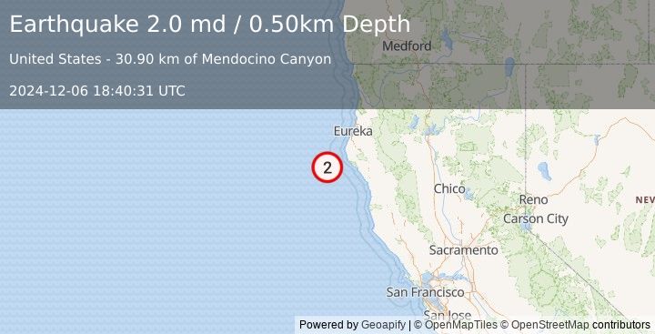 Earthquake OFFSHORE NORTHERN CALIFORNIA (2.0 md) (2024-12-06 18:40:31 UTC)