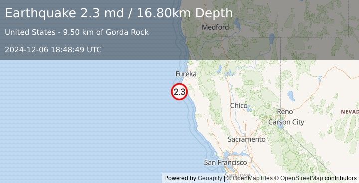 Earthquake OFFSHORE NORTHERN CALIFORNIA (2.3 md) (2024-12-06 18:48:49 UTC)