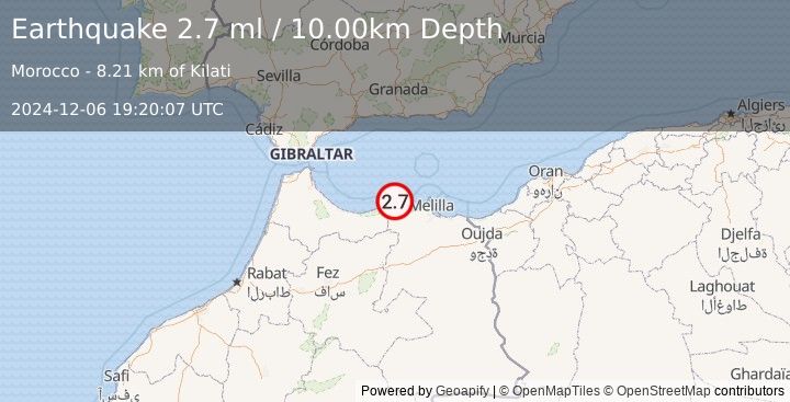 Earthquake STRAIT OF GIBRALTAR (2.7 ml) (2024-12-06 19:20:07 UTC)