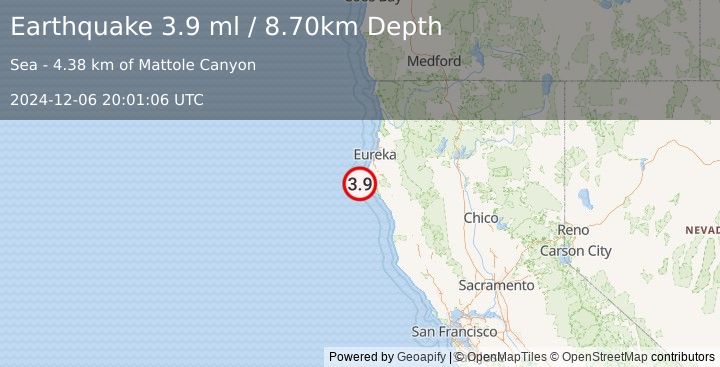 Earthquake OFFSHORE NORTHERN CALIFORNIA (3.9 ml) (2024-12-06 20:01:06 UTC)