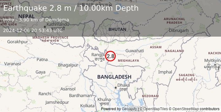 Earthquake MEGHALAYA, INDIA REGION (2.8 m) (2024-12-06 20:53:43 UTC)