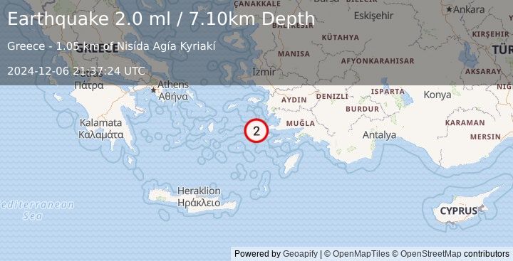 Earthquake DODECANESE ISLANDS, GREECE (2.0 ml) (2024-12-06 21:37:24 UTC)