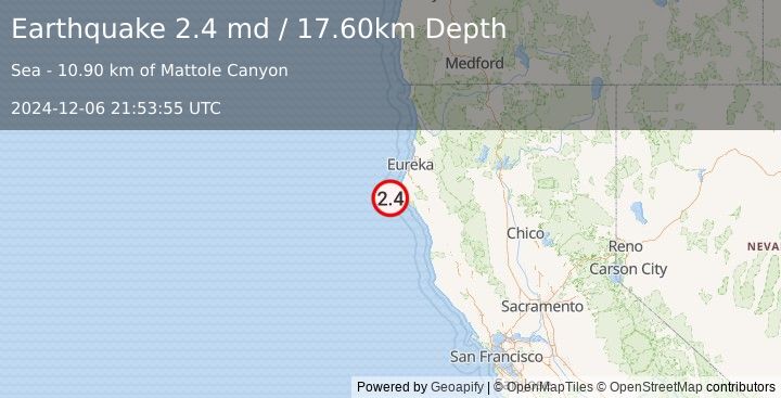 Earthquake OFFSHORE NORTHERN CALIFORNIA (2.4 md) (2024-12-06 21:53:55 UTC)