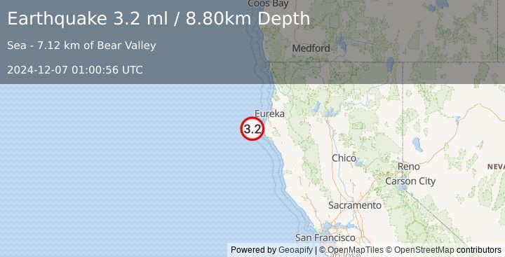 Earthquake OFFSHORE NORTHERN CALIFORNIA (3.2 ml) (2024-12-07 01:00:56 UTC)