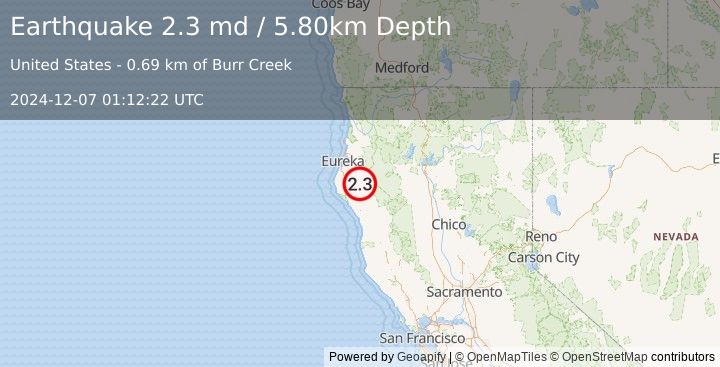 Earthquake NORTHERN CALIFORNIA (2.3 md) (2024-12-07 01:12:22 UTC)