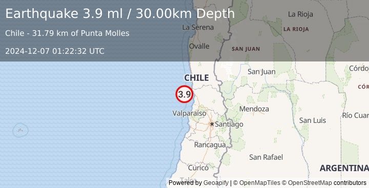 Earthquake OFFSHORE VALPARAISO, CHILE (3.9 ml) (2024-12-07 01:22:32 UTC)