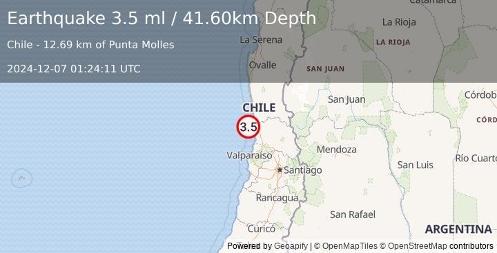 Earthquake OFFSHORE VALPARAISO, CHILE (3.5 ml) (2024-12-07 01:24:11 UTC)