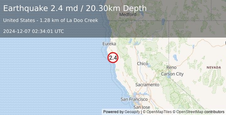 Earthquake NORTHERN CALIFORNIA (2.4 md) (2024-12-07 02:34:01 UTC)