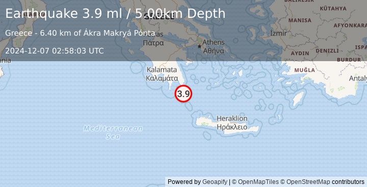 Earthquake SOUTHERN GREECE (3.9 ml) (2024-12-07 02:58:03 UTC)