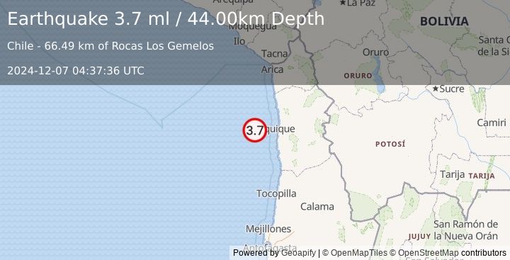 Earthquake OFFSHORE TARAPACA, CHILE (3.7 ml) (2024-12-07 04:37:33 UTC)