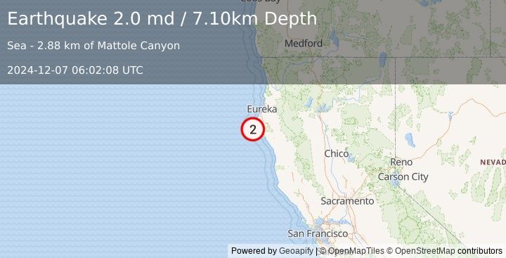 Earthquake OFFSHORE NORTHERN CALIFORNIA (2.0 md) (2024-12-07 06:02:08 UTC)