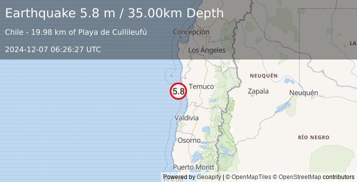 Earthquake OFFSHORE ARAUCANIA, CHILE (5.8 m) (2024-12-07 06:26:27 UTC)