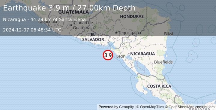 Earthquake NEAR COAST OF NICARAGUA (3.9 m) (2024-12-07 06:48:34 UTC)