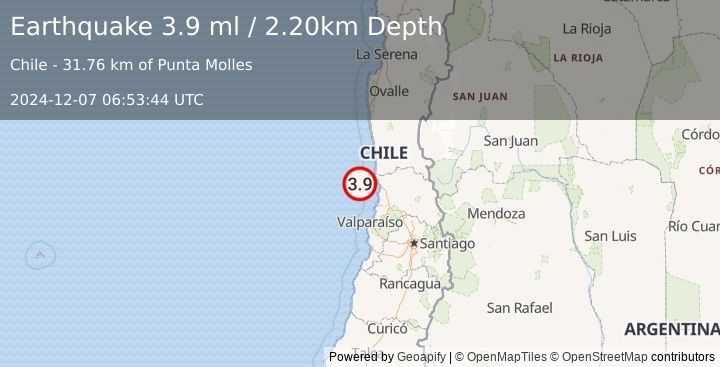 Earthquake OFFSHORE VALPARAISO, CHILE (3.9 ml) (2024-12-07 06:53:44 UTC)