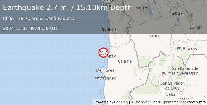 Earthquake OFFSHORE ANTOFAGASTA, CHILE (2.7 ml) (2024-12-07 08:20:29 UTC)