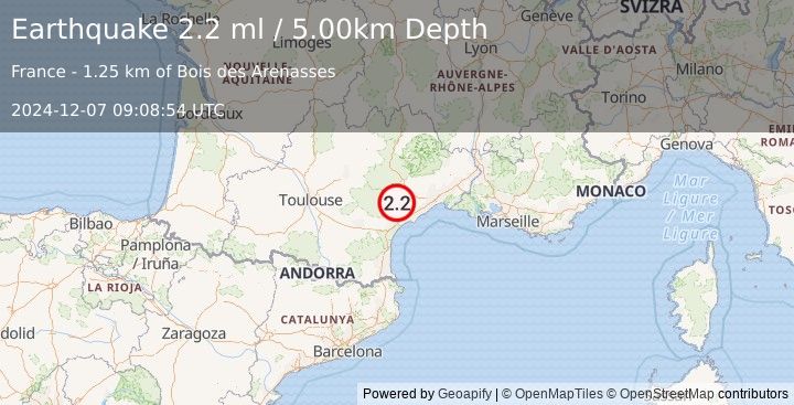 Earthquake NEAR SOUTH COAST OF FRANCE (2.2 ml) (2024-12-07 09:08:54 UTC)