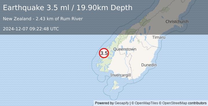 Earthquake SOUTH ISLAND OF NEW ZEALAND (3.5 ml) (2024-12-07 09:22:48 UTC)