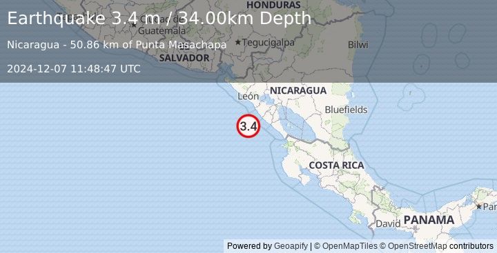 Earthquake NEAR COAST OF NICARAGUA (3.4 m) (2024-12-07 11:48:47 UTC)