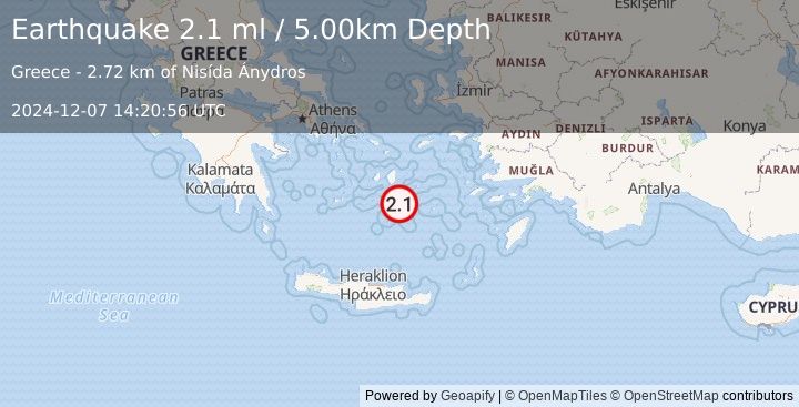 Earthquake DODECANESE ISLANDS, GREECE (2.1 ml) (2024-12-07 14:20:56 UTC)