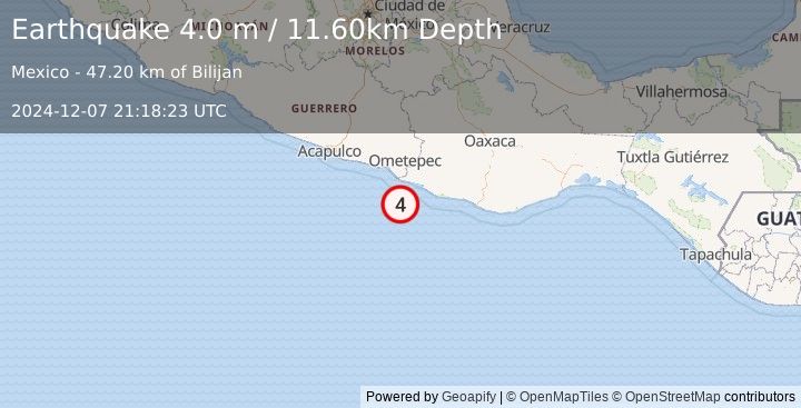 Earthquake OFFSHORE OAXACA, MEXICO (4.0 m) (2024-12-07 21:18:23 UTC)