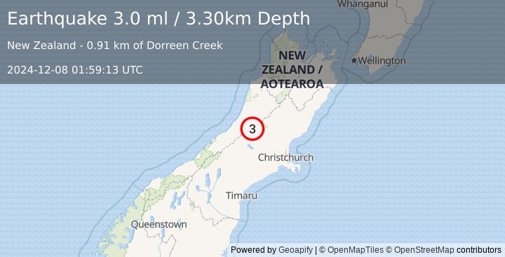 Earthquake SOUTH ISLAND OF NEW ZEALAND (3.0 ml) (2024-12-08 01:59:13 UTC)